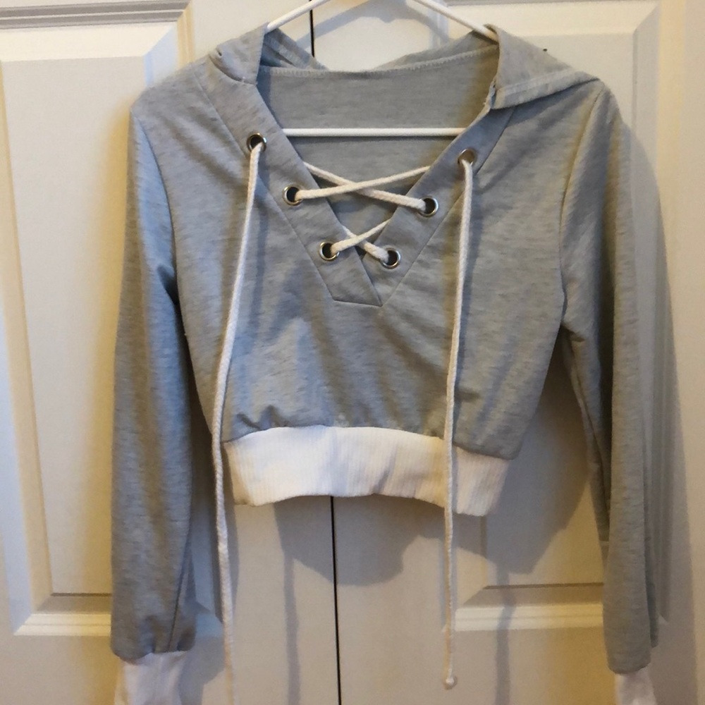 Cropped Gray and White Hoodie